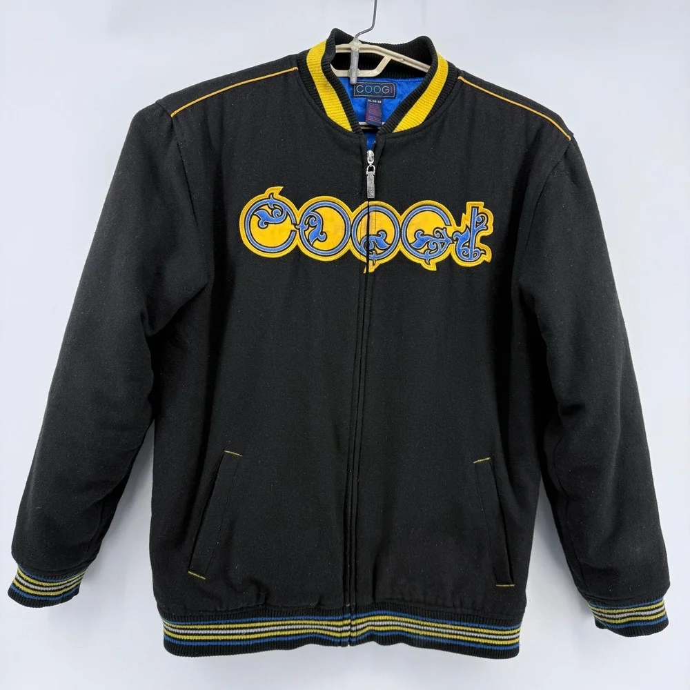 Coogi Wool‎ Blend Bomber Jacket Mens XL Black Blue Yellow Embroidered Logo